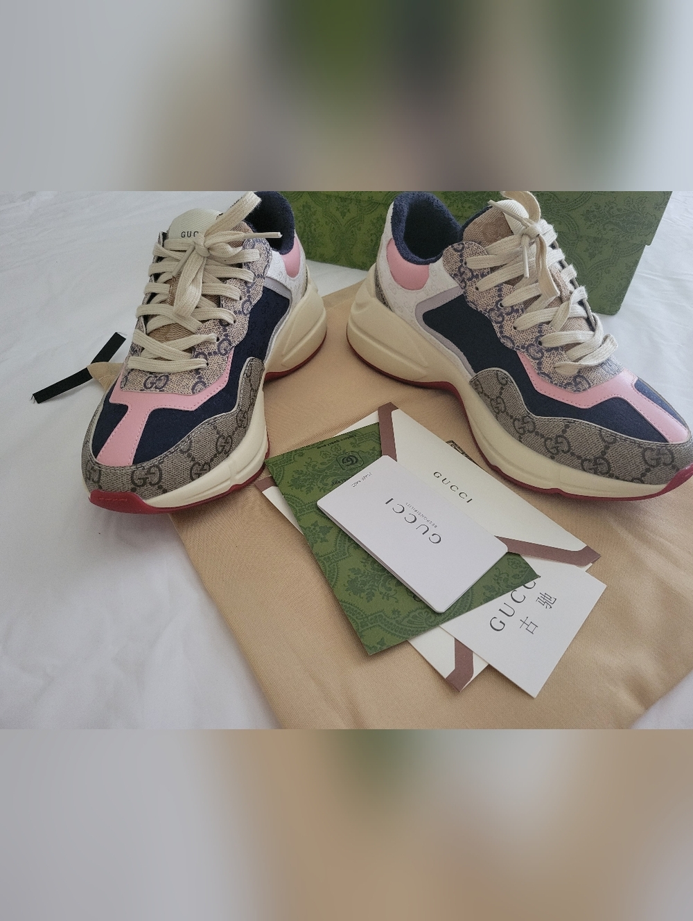 Gucci Women’s Beige, Pink & Navy Rhyton Logo Sneakers